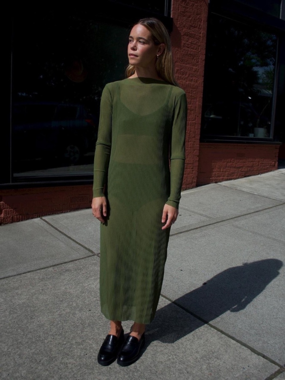 Ali Golden Pleated Mesh Dress in Olive